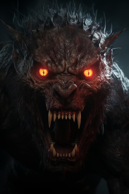 an evil werewolf with glowing red eyes