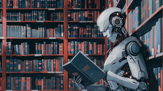 An evocative 3D animation featuring an AI robot engaging with books in a vast library symbolizing the convergence of artificial intelligence and human knowledge The serene atmosphere