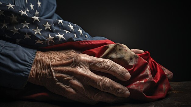 An evocative depiction of a veteran's hand wrinkled with age holding a folded flag as a symbol of