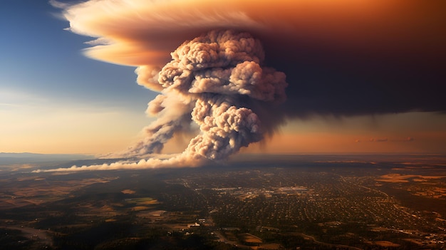 멀리 있는 산불 에서  ⁇ 아오르는 연기를 보여 주는 상상력 있는 이미지