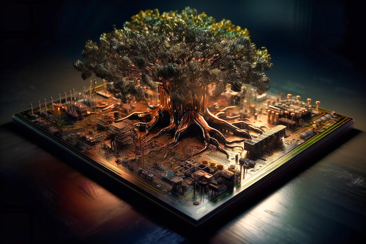 Photo an evocative image of a tree flourishing at the epicenter of a circuit board illustrating the union of nature and technology