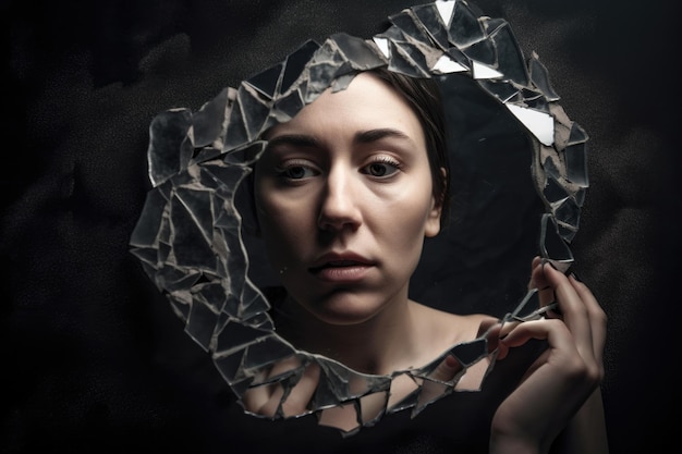 Photo evocative portrait of a woman with a broken mirror symbolizing shattered dreams selfreflection