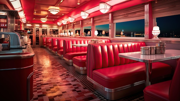 Evoking the 1950s the diner features checkered floors vibrant neon lights and iconic red booths