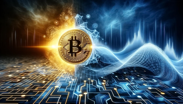 Foto evolutie van valuta van bitcoin naar digitale essentie