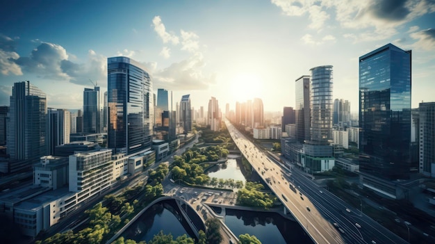 The evolving city skyscrapers intertwined with green canopies