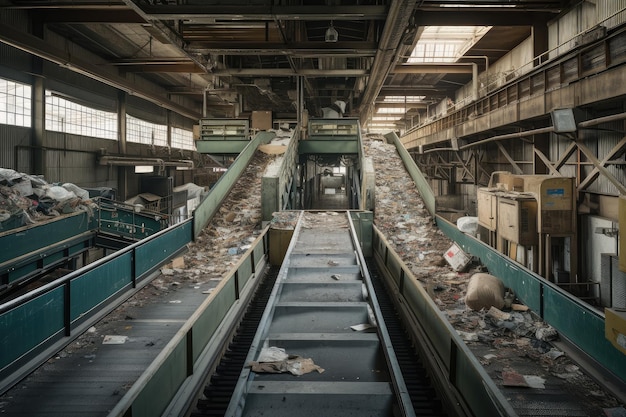 Ewaste recyclingcentrum met bakken en transportbanden voor het sorteren en verwerken van recyclebare materialen