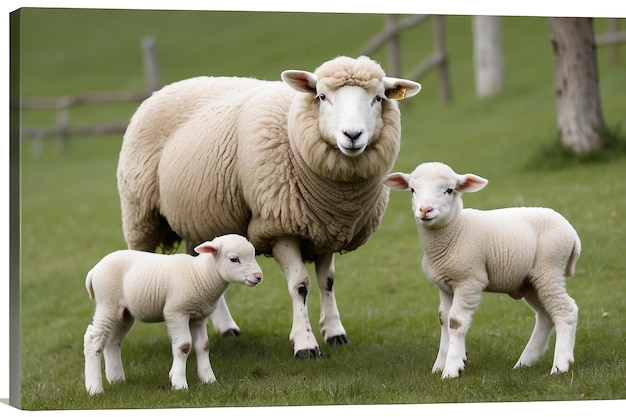 Ewe Sopravissana schapen met haar lammen geïsoleerd op wit