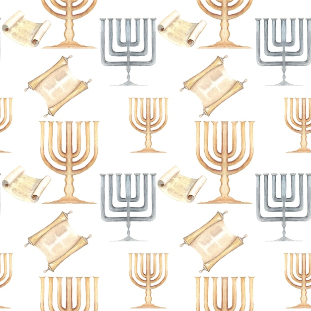 Photo ewish and judaism symbols in seamless pattern hand drawn watercolor menorach torah