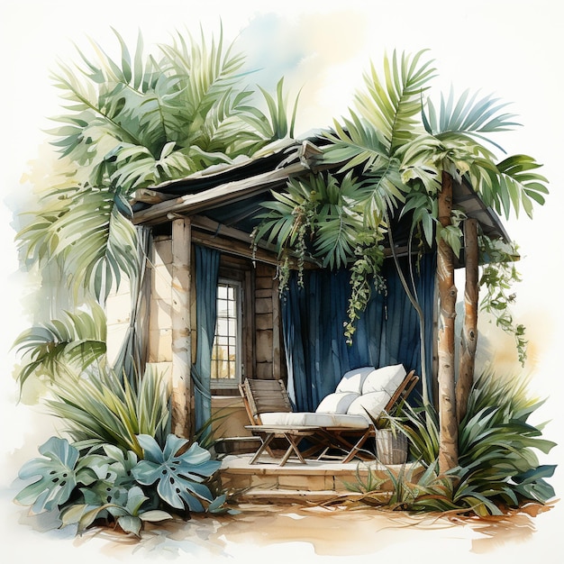 Photo ewish sukkah with palm leaves and paper decorations watercolor illustration for sukkot holiday