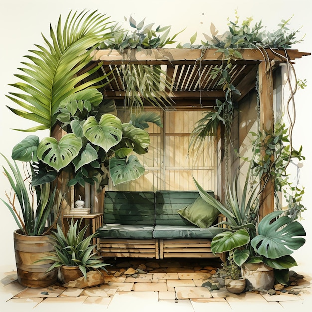 Photo ewish sukkah with palm leaves and paper decorations watercolor illustration for sukkot holiday