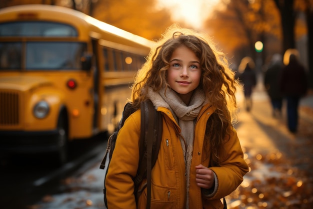 The exact moment a young girl boards her school bus for the first time generative ai