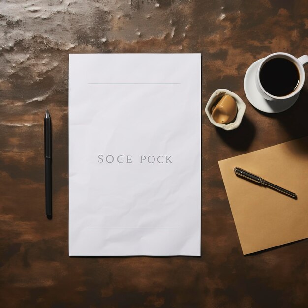 Photo exactly a4 sized paper on a table mockup with things around the paper copy and space