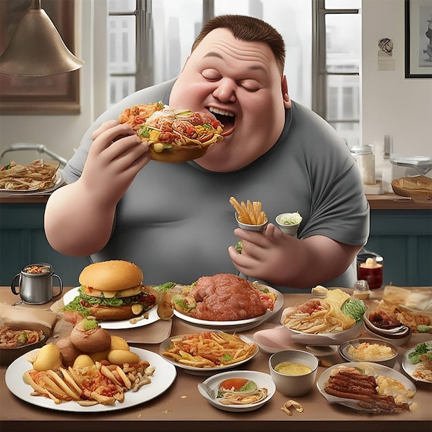 Photo exaggerated presentation of a greedy fat man eating fast food or junk meal in a fast food restaurant