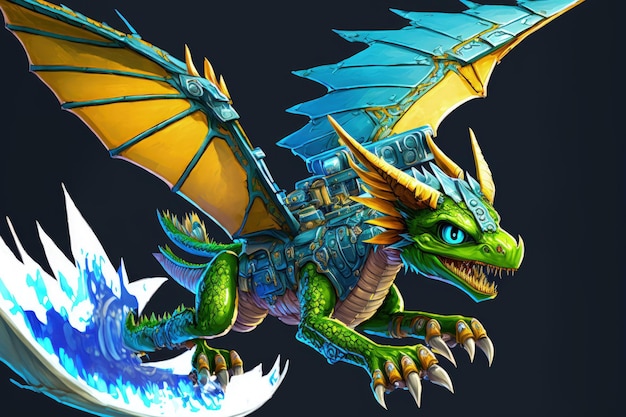 An example of a dragon chase With wings a dragon in blue and green