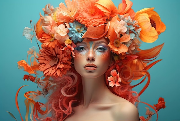 an example of post digital art of a colorful woman wearing flowers in the style of light cyan