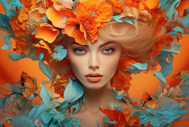 an example of post digital art of a colorful woman wearing flowers in the style of light cyan