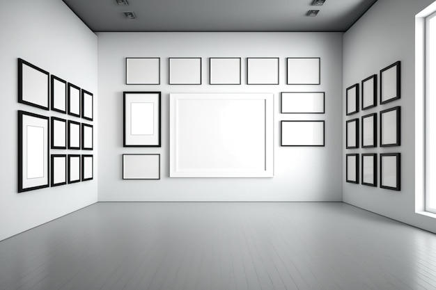 An example of a realistic gallery space with numerous empty picture frames