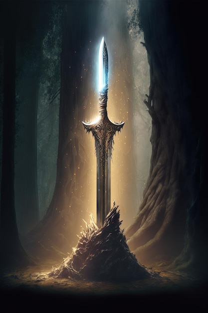 Excalibur sword in the stone with light rays in a dark forest Digital illustration AI