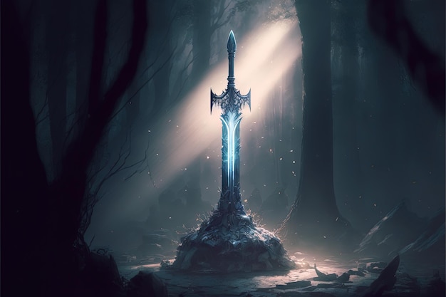 暗い森の中で光線を放つ石の中のエクスカリバーの剣 デジタルイラスト AI