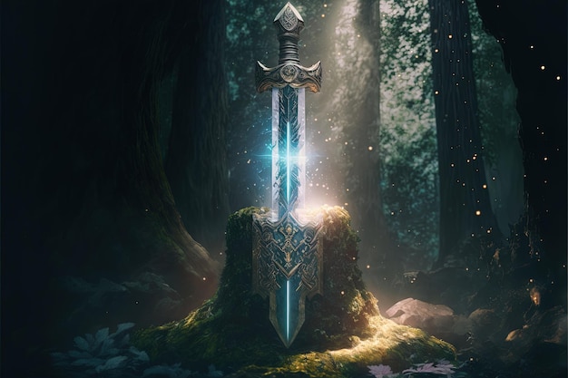 暗い森の中で光線を放つ石の中のエクスカリバーの剣 デジタルイラスト AI