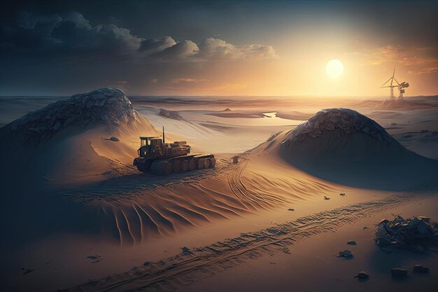 Excavation site with sun setting behind the dunes creating a dramatic and peaceful scene