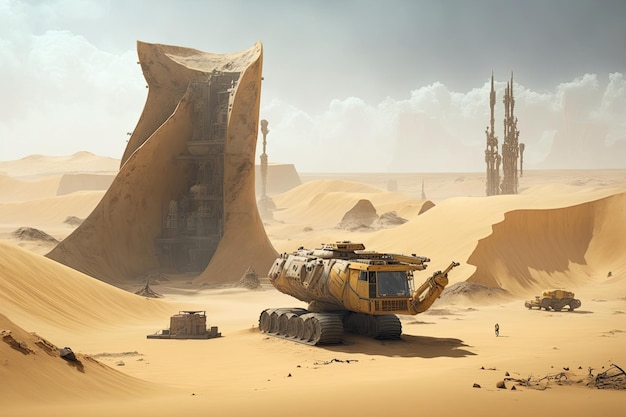 Место раскопок на фоне высоких песчаных дюн
