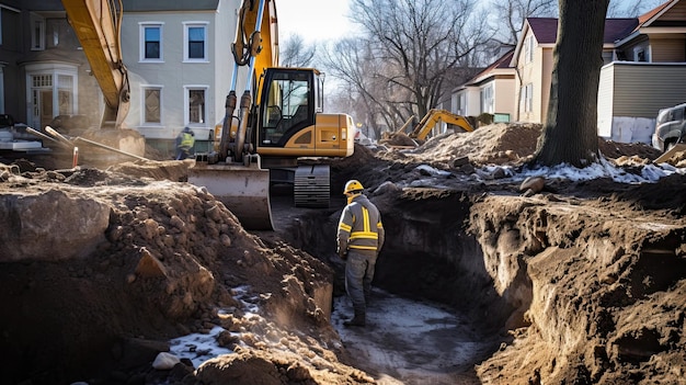 Excavation work as heavy machinery meticulously clears the ground preparing the foundation for a new building Generated by AI