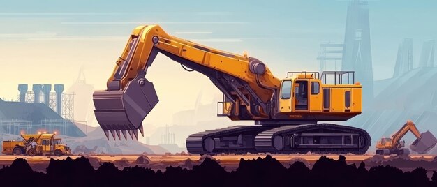 Photo excavator on the background of the industrial landscape vector illustration