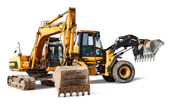 Excavator and bulldozer loader closeup on a white isolated background