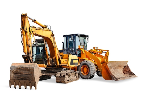 Excavator and bulldozer loader closeup on a white isolated backgroundConstruction equipment for earthworks element for design