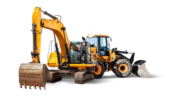 Photo excavator and bulldozer loader closeup on a white isolated backgroundconstruction equipment for earthworks element for design