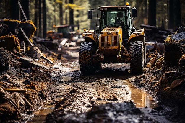 Excavator Constructing Road in Forest