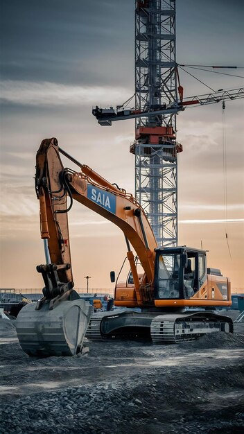 Excavator at a construction site against the background of a tower crae