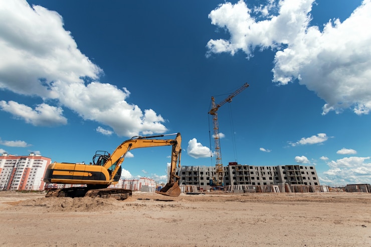 Photo excavator at a construction site against the background of a tower crane