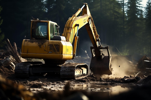 excavator on a construction site in the forest with smoke and fog