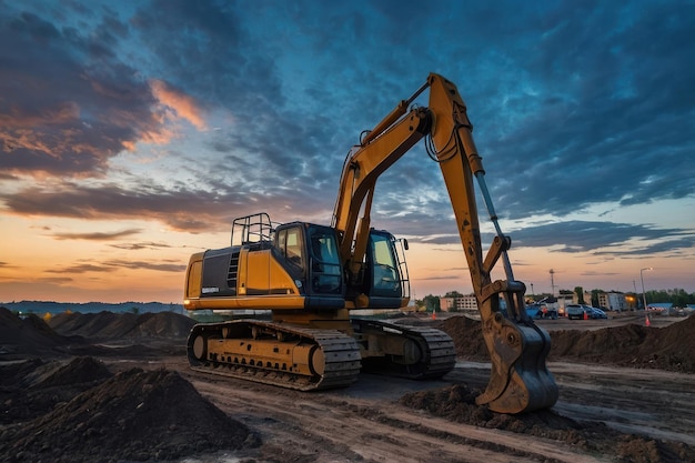 Photo excavator on construction site at twilight