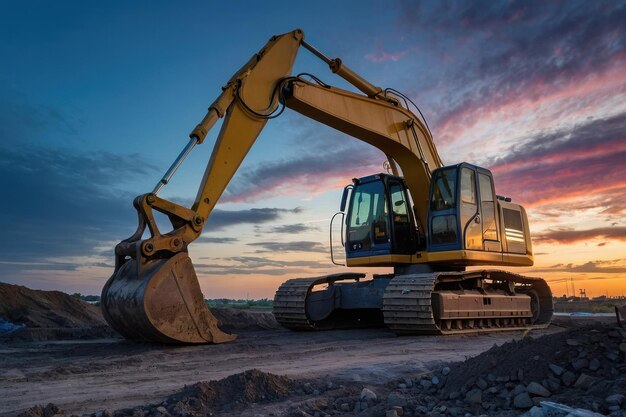 Excavator on Construction Site at Twilight