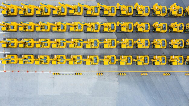 Excavator construction vehicle, Aerial view group of excavator.