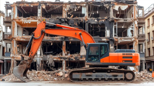 Foto escavatore che demolisce un edificio in un'area urbana durante il giorno