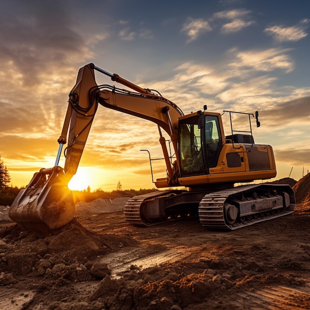 an excavator in the desert with a sunset background in the style of light yellow and magenta light skyblue and dark orange
