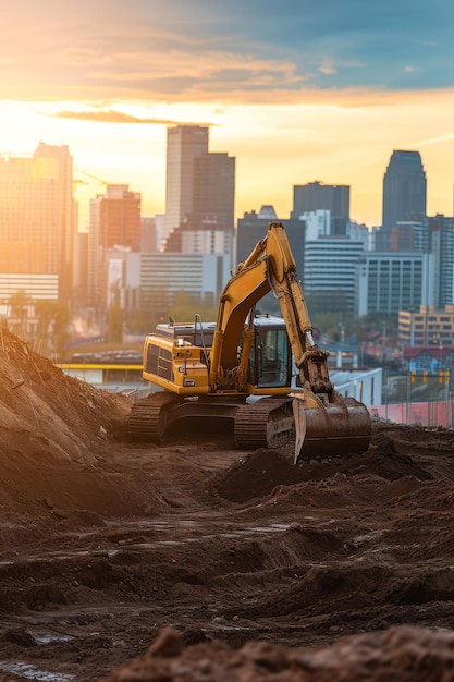 建設現場で早朝の光で都市風景の背景で掘削機が掘り起こす