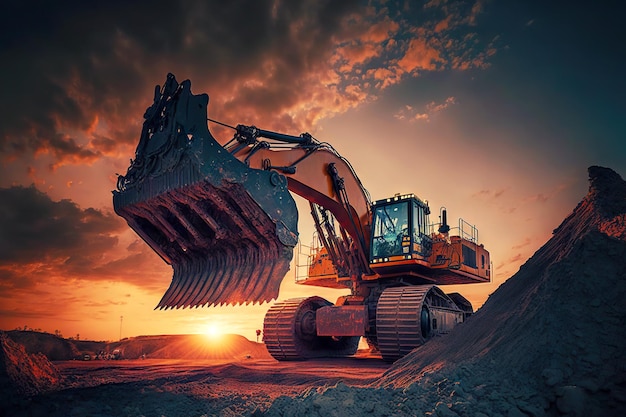 Excavator earthmoving at coal open pit on sunset background recycling and coal mining industry