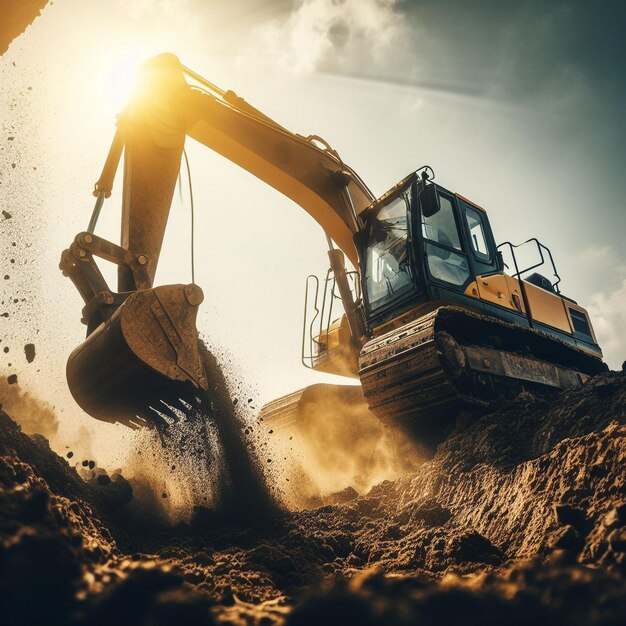 Excavator excavating at sunset