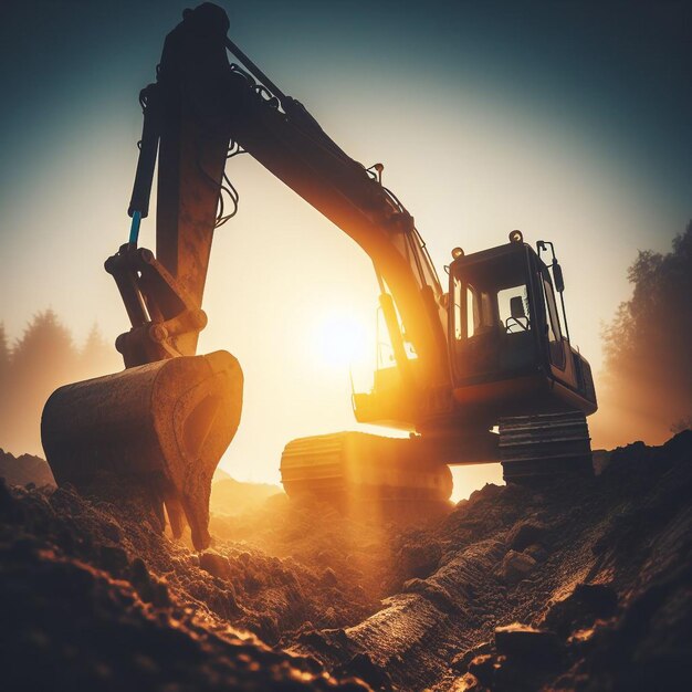 Excavator excavating at sunset