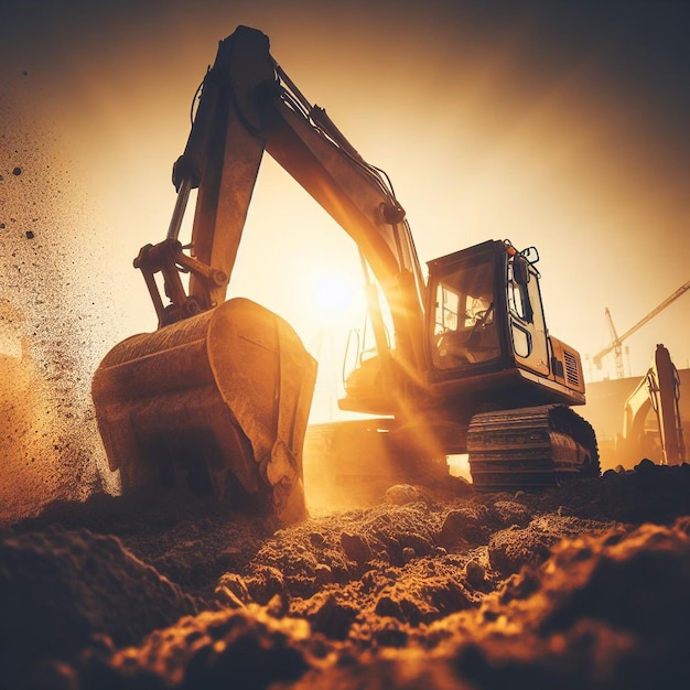 Excavator excavating at sunset