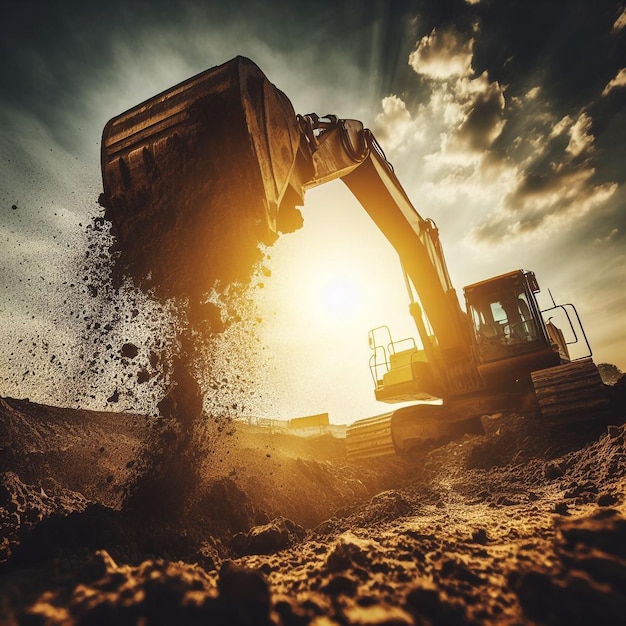 Excavator excavating at sunset