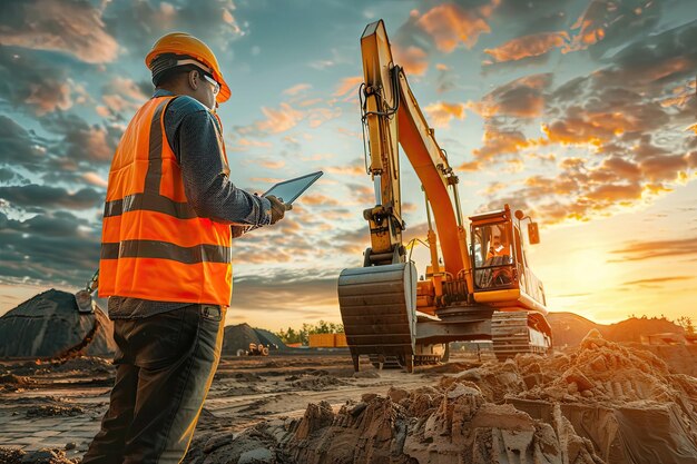 Excavator Ingenieur in een helm met een digitale tablet staat naast bouw excavators