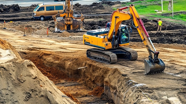 Экскаватор копает землю Промышленные раскопки Копание почвы Подготовка прочных мощных строительных работ