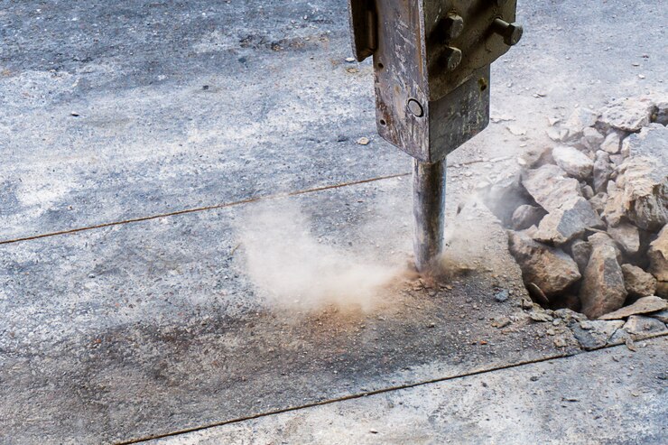Excavator jack hammer in action and textspace