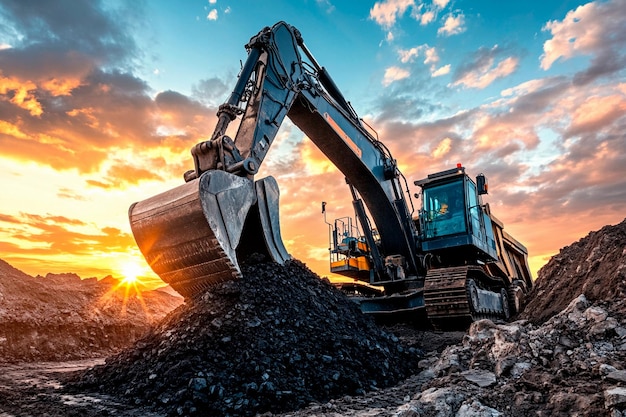 Excavator lifting black soil at sunset with dramatic clouds in the sky
